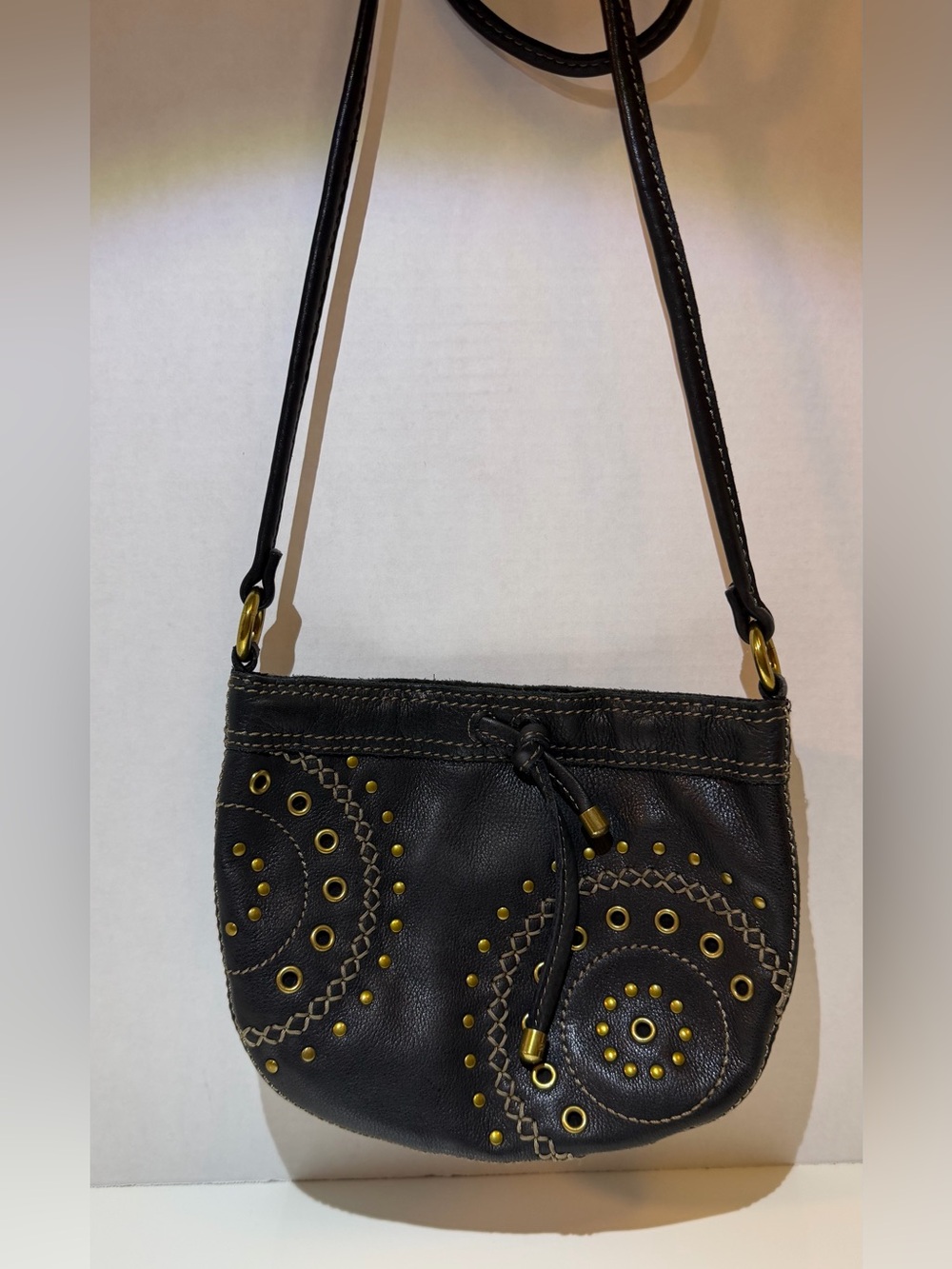 Fossil Black Leather Crossbody with Gold Stud Accents